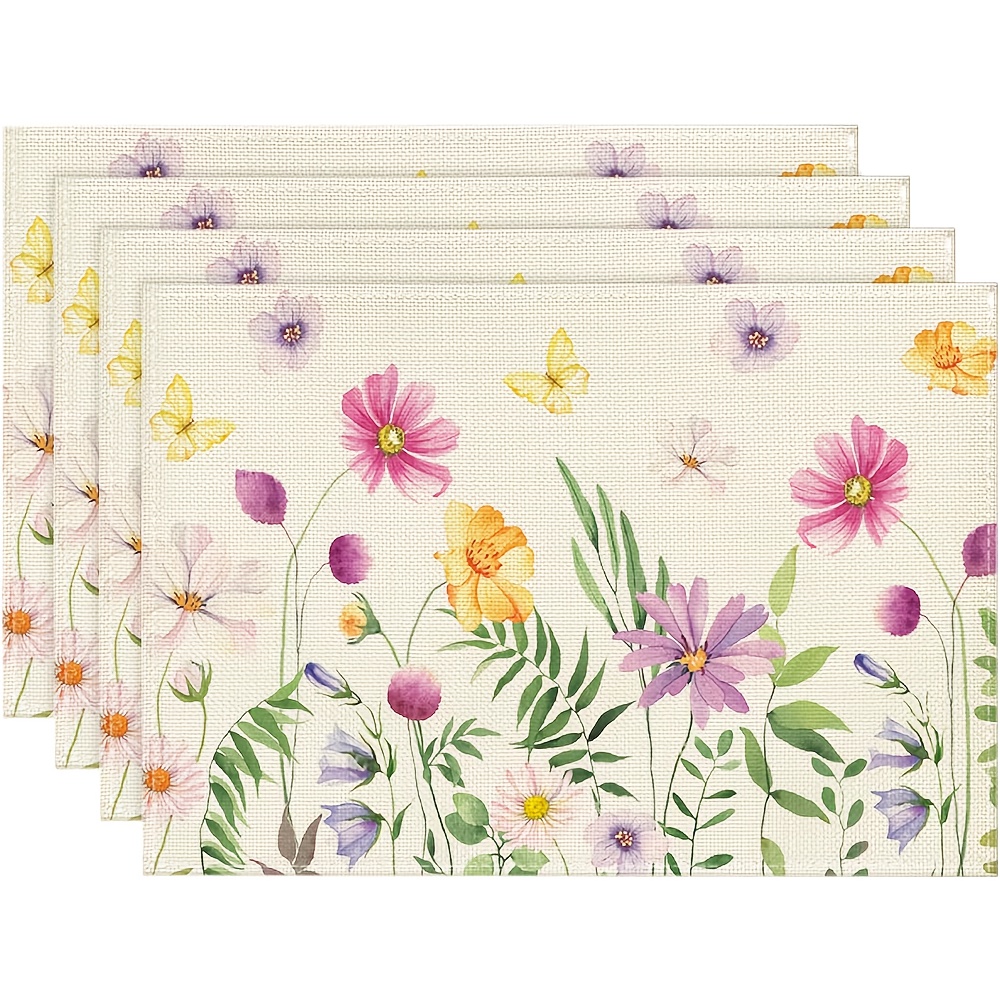 Commercial Kitchen Table - 4Pcs, Watercolor Wildflower Butterfly Placemats, Washable,